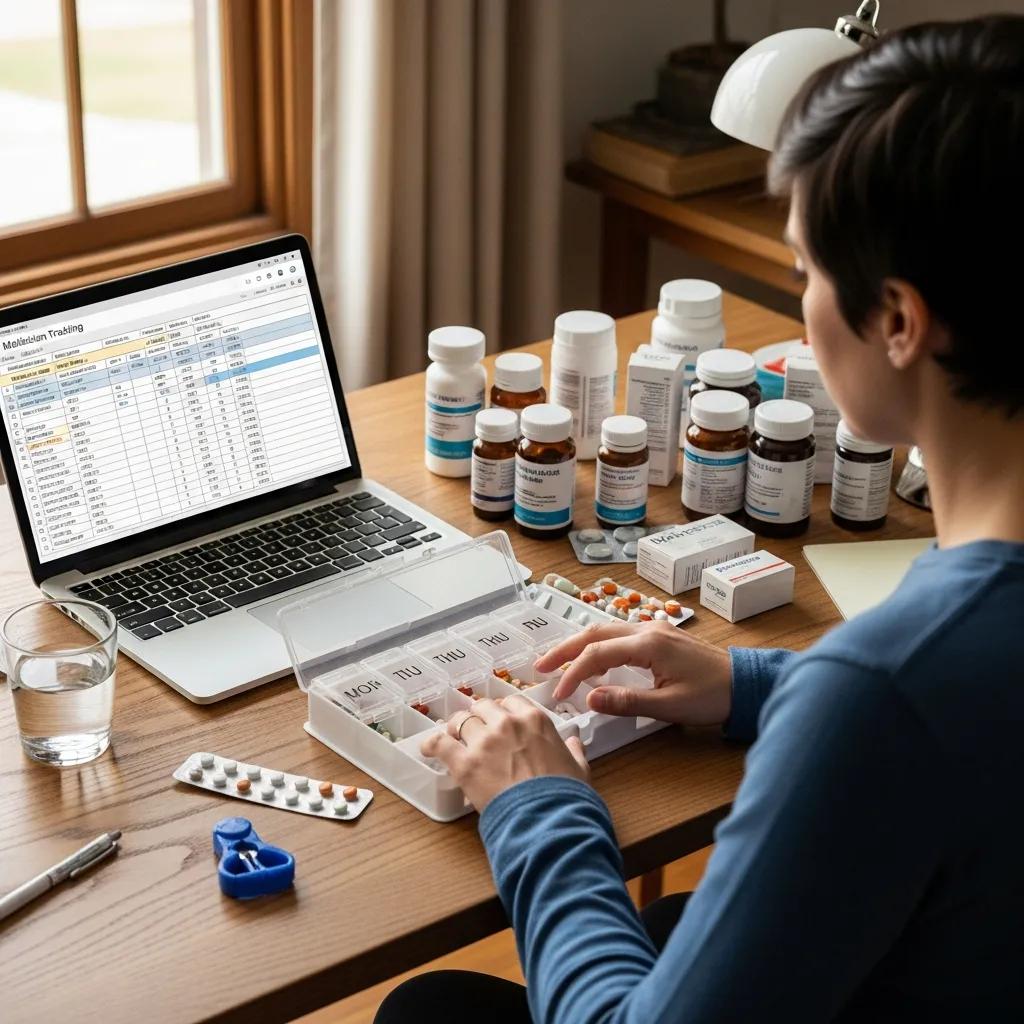 Person organizing a medication list to reduce drug interaction risk and improve safety