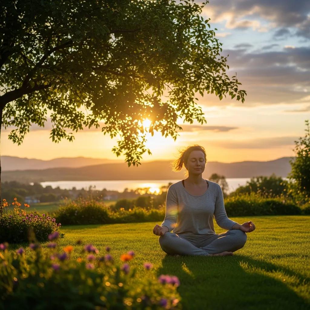 Person practicing deep breathing outdoors in a serene natural setting
