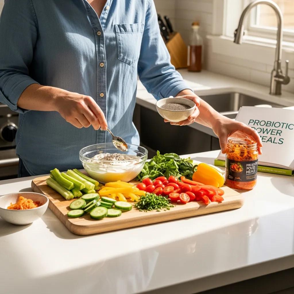 Person preparing a meal with probiotic-rich ingredients in a bright kitchen