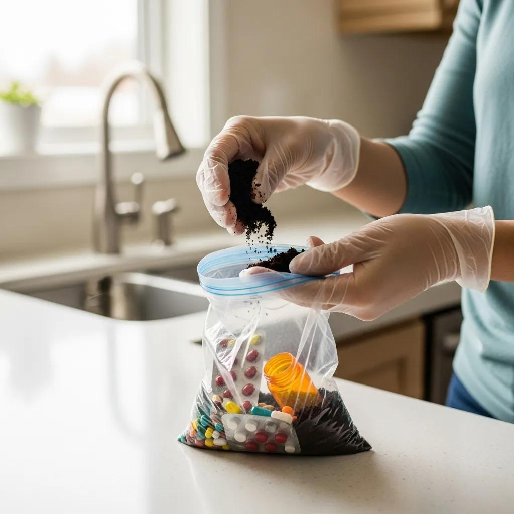 Person preparing expired medications for safe disposal using coffee grounds in a kitchen environment