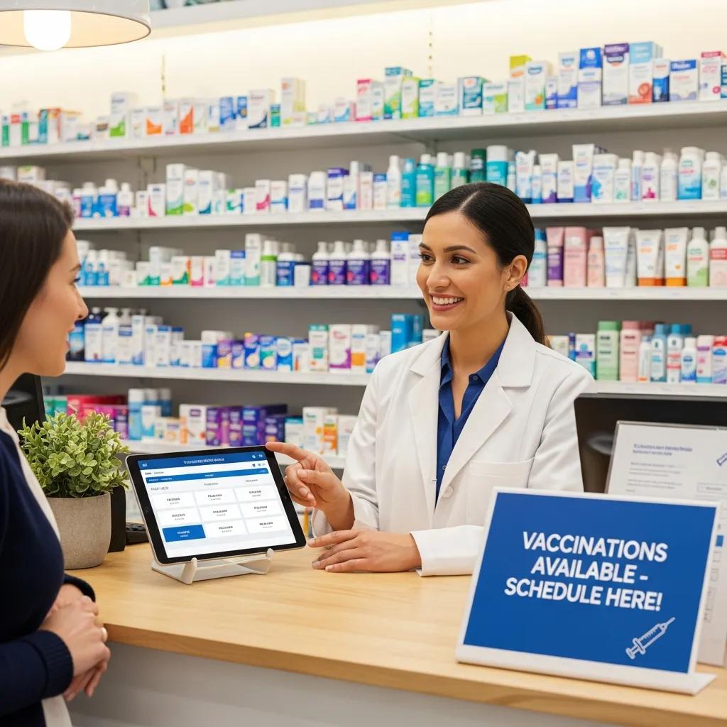 Pharmacist assisting a customer at the counter about vaccination options