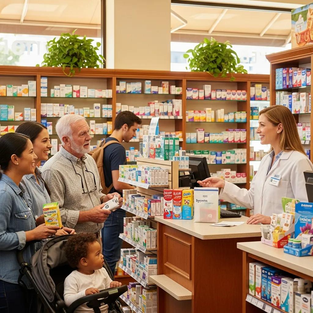 Pharmacist assisting customers in a welcoming pharmacy environment, highlighting the role of pharmacies in healthcare