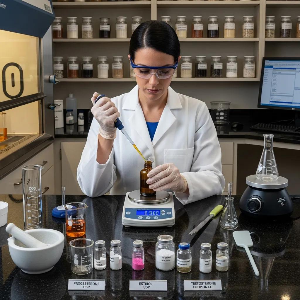 Pharmacist carefully preparing personalized hormone compounds