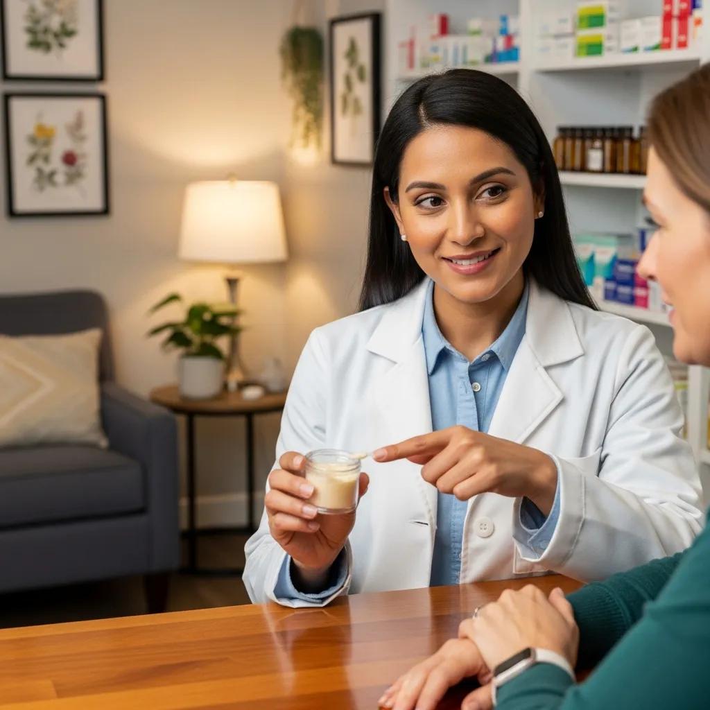Pharmacist discussing personalized medication choices with a patient in the pharmacy