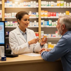 Pharmacist consulting with a patient about prescription medications in a pharmacy