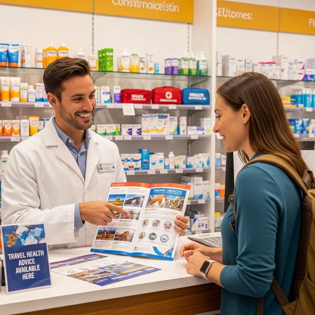 Pharmacist consulting with a traveler about pre-travel health services in a pharmacy