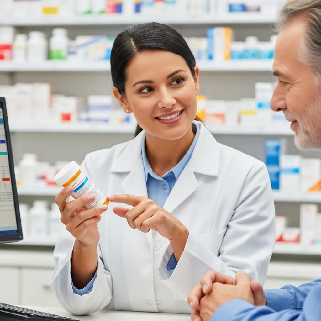 Pharmacist talking with a patient at the counter, explaining how to take medications safely