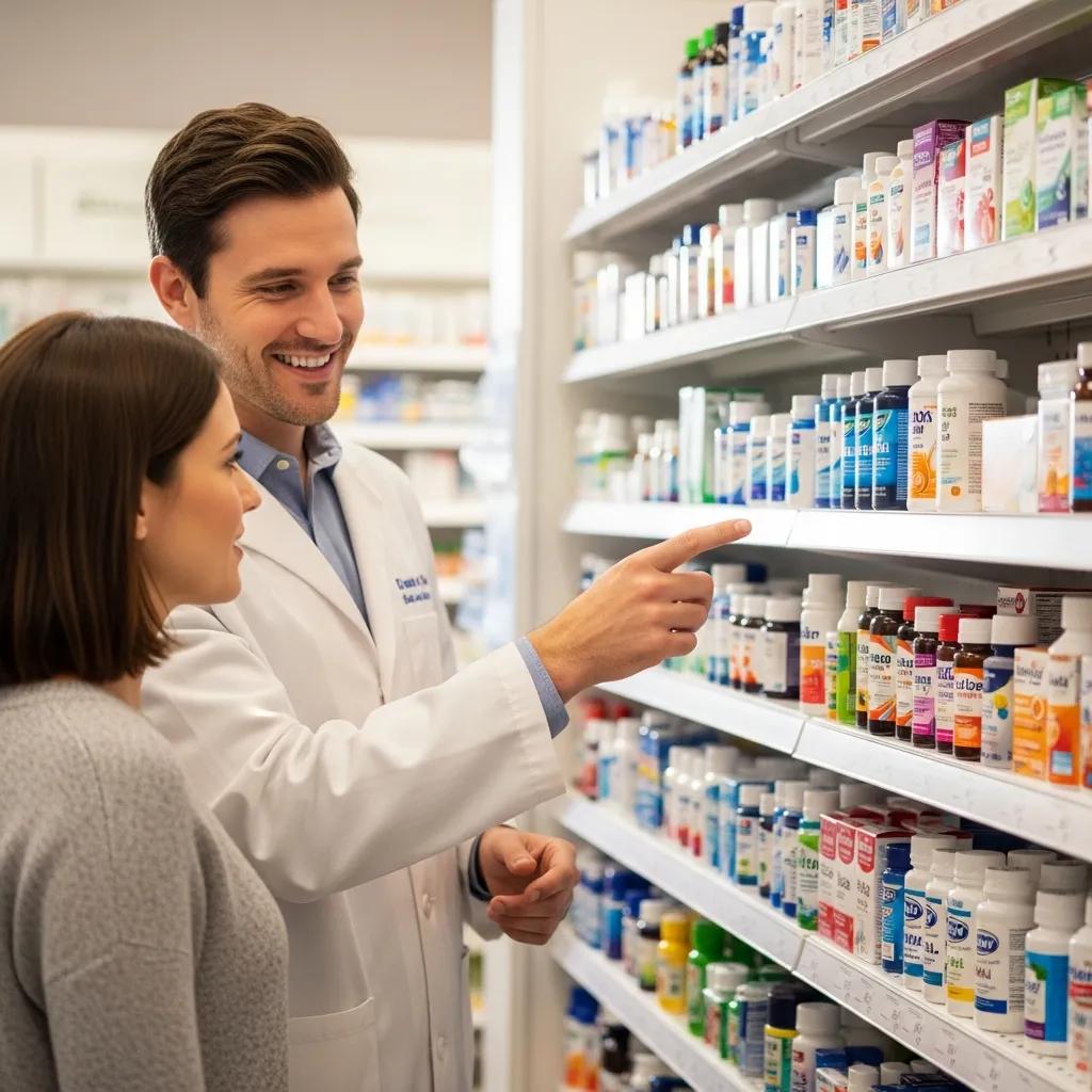 Pharmacist advising a customer about over-the-counter options, focusing on safe use