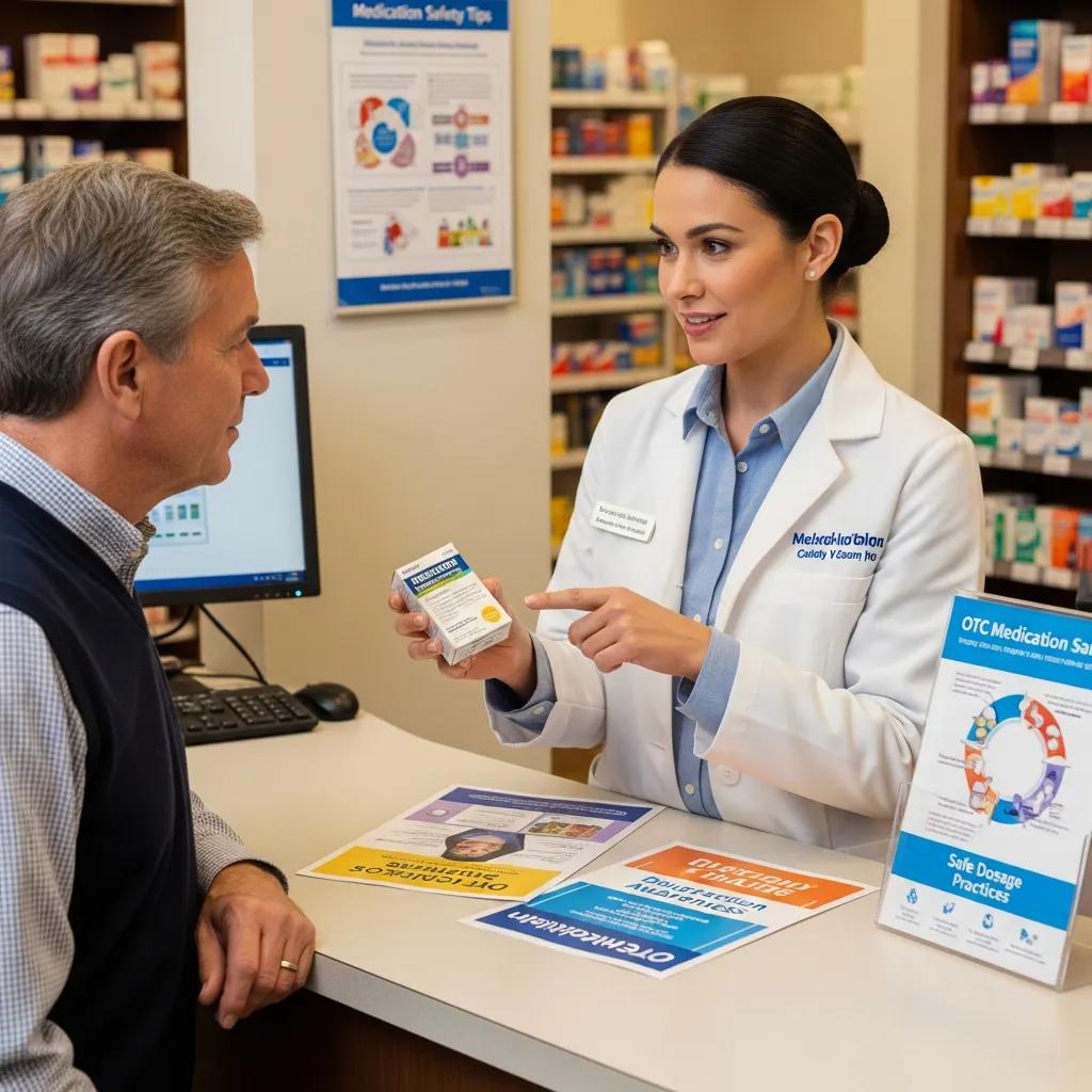 Pharmacist discussing safe usage guidelines for OTC cold and flu medications with a patient