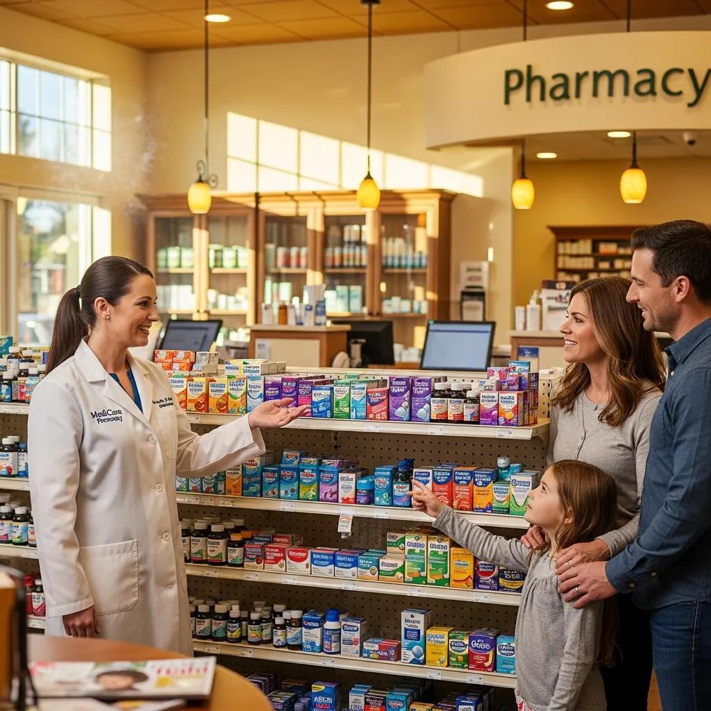 Pharmacist helping a family choose cold and flu medications in a welcoming pharmacy