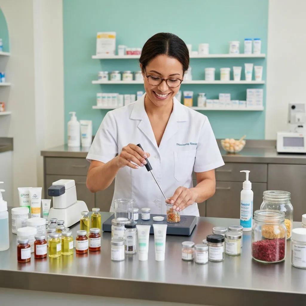 Pharmacist preparing a personalized compound with colorful ingredients in a modern pharmacy setting