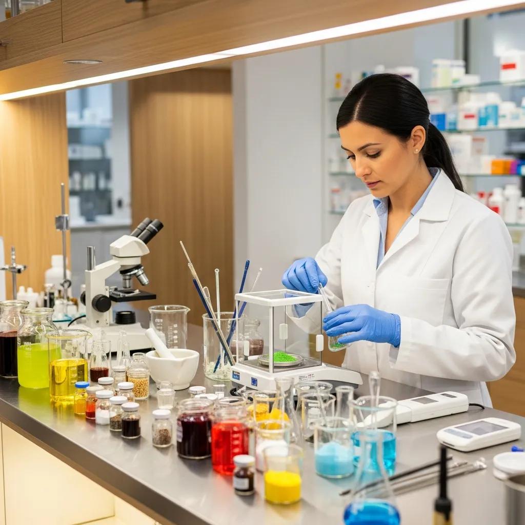 Pharmacist preparing personalized dermatological compounds with colorful ingredients in a modern pharmacy