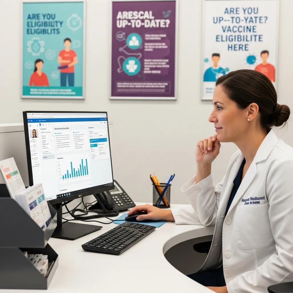 Pharmacist and patient reviewing vaccination history to confirm eligibility