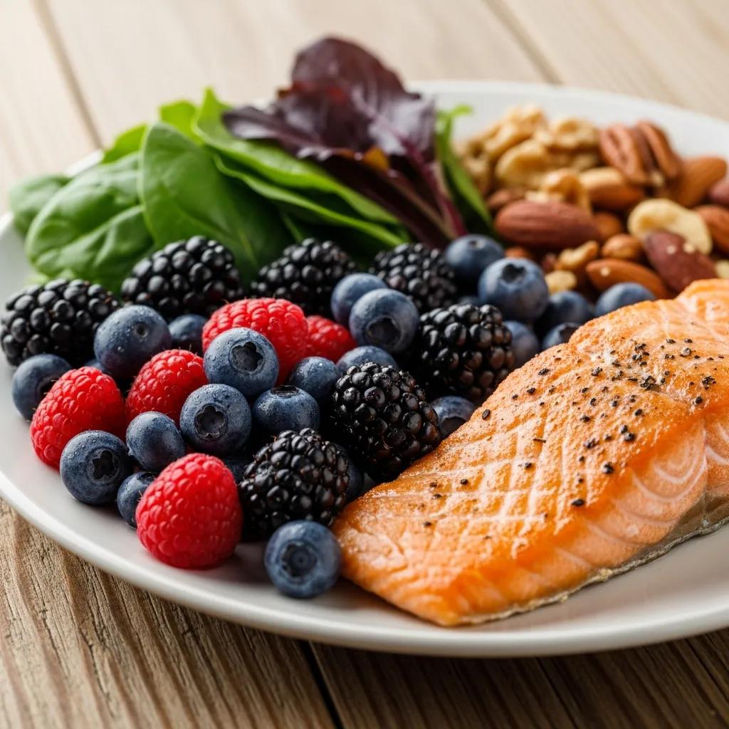 Plate with oily fish, berries, leafy greens, and nuts showing foods that support cognitive health
