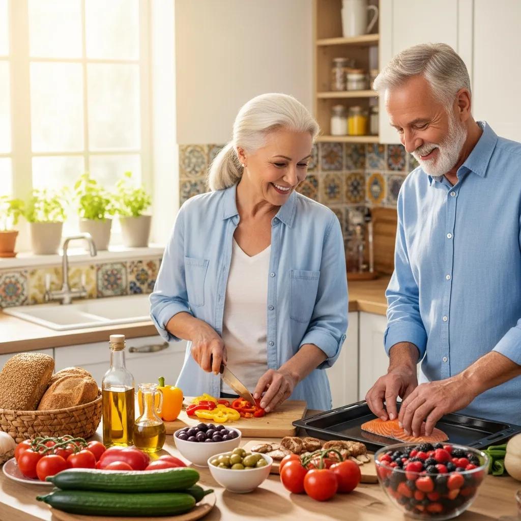 Senior couple cooking a Mediterranean meal with fresh vegetables and fish, promoting cognitive health