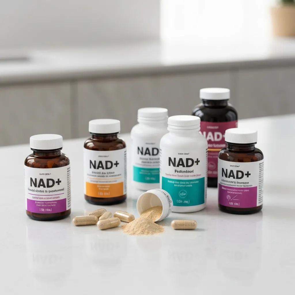 NAD+ supplement bottles and capsules to show available options