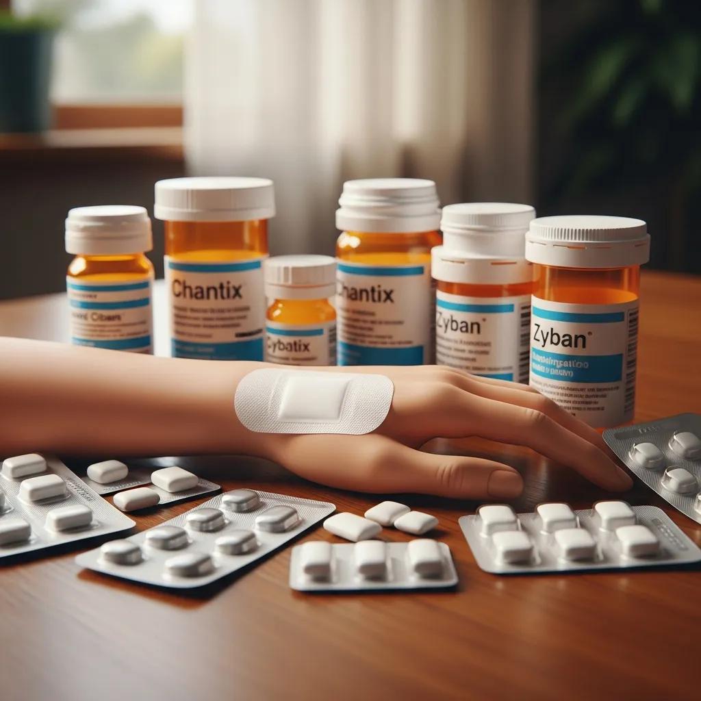 Assortment of smoking cessation aids such as patches and gum on a wooden surface