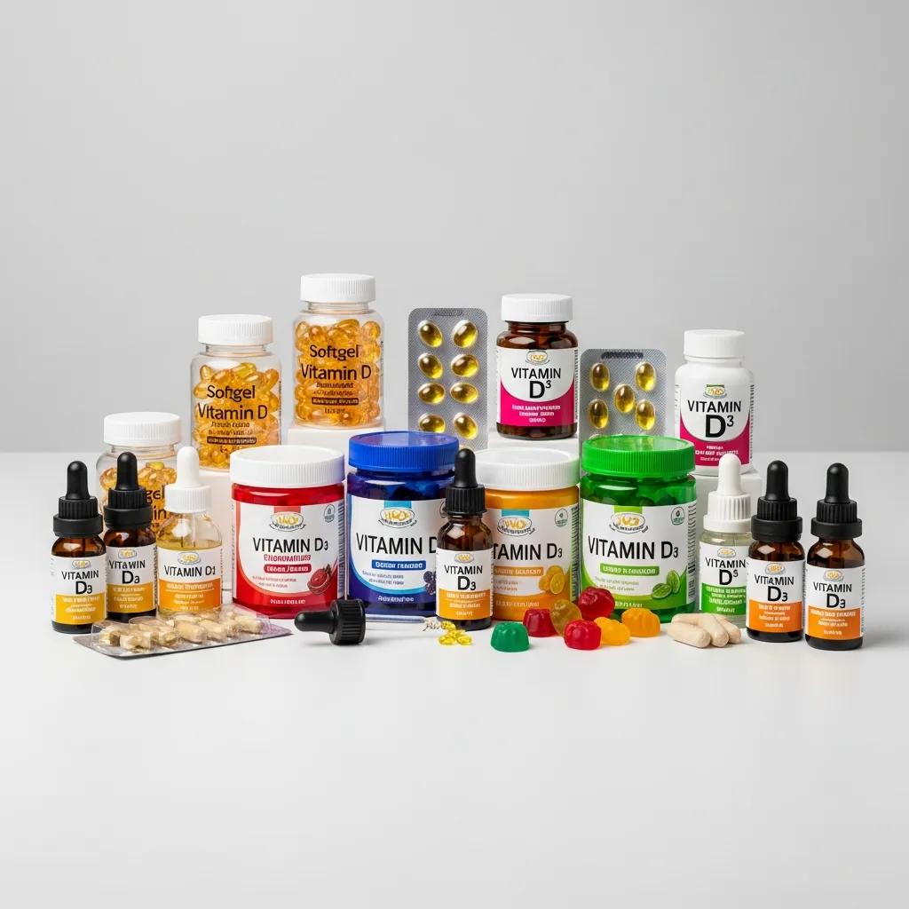 Variety of vitamin D supplements including capsules, gummies, and liquid drops, showcasing options for supplementation
