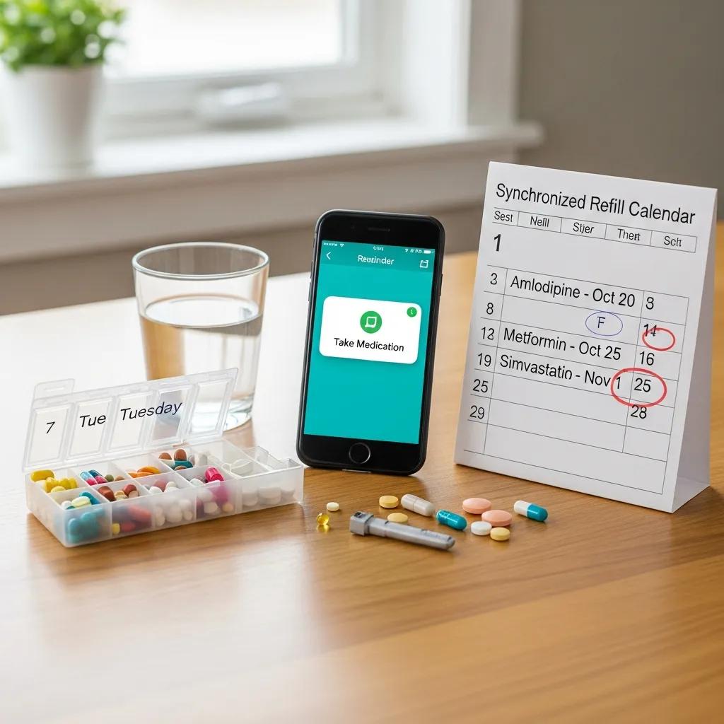 Organized medicine storage with a pillbox and phone reminders to show medication safety tips