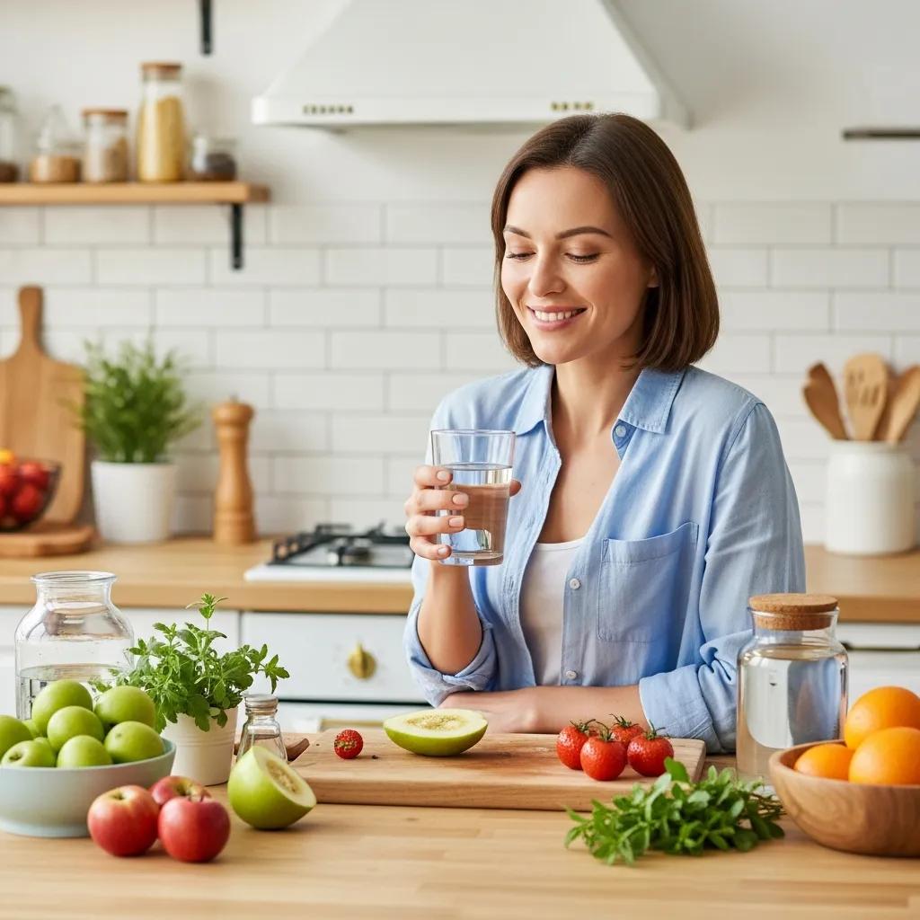 Woman holding a glass of water surrounded by fresh fruits and herbs, promoting hydration for UTI prevention