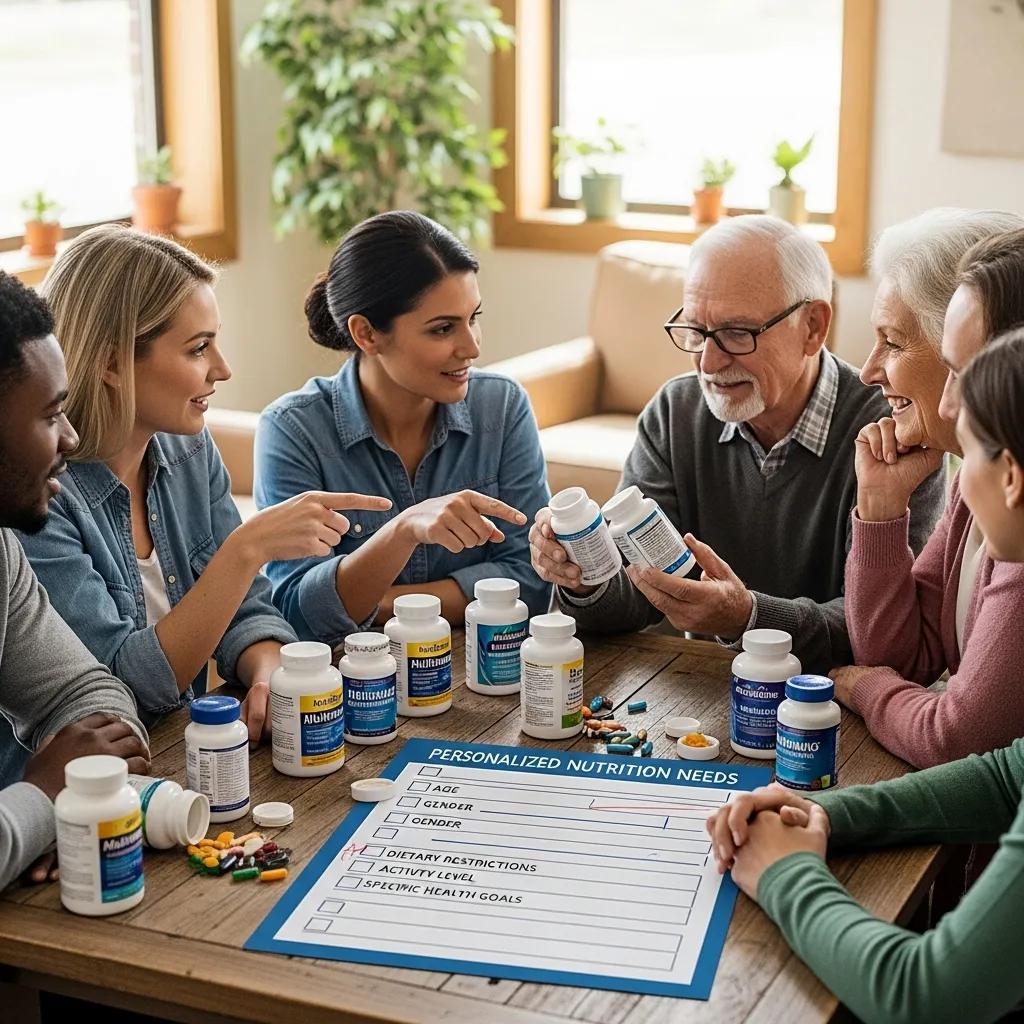 A diverse group comparing multivitamin options at a table, representing personalized nutrition for different life stages
