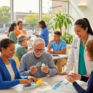 Diverse individuals engaging in medication adherence activities, promoting health and community support