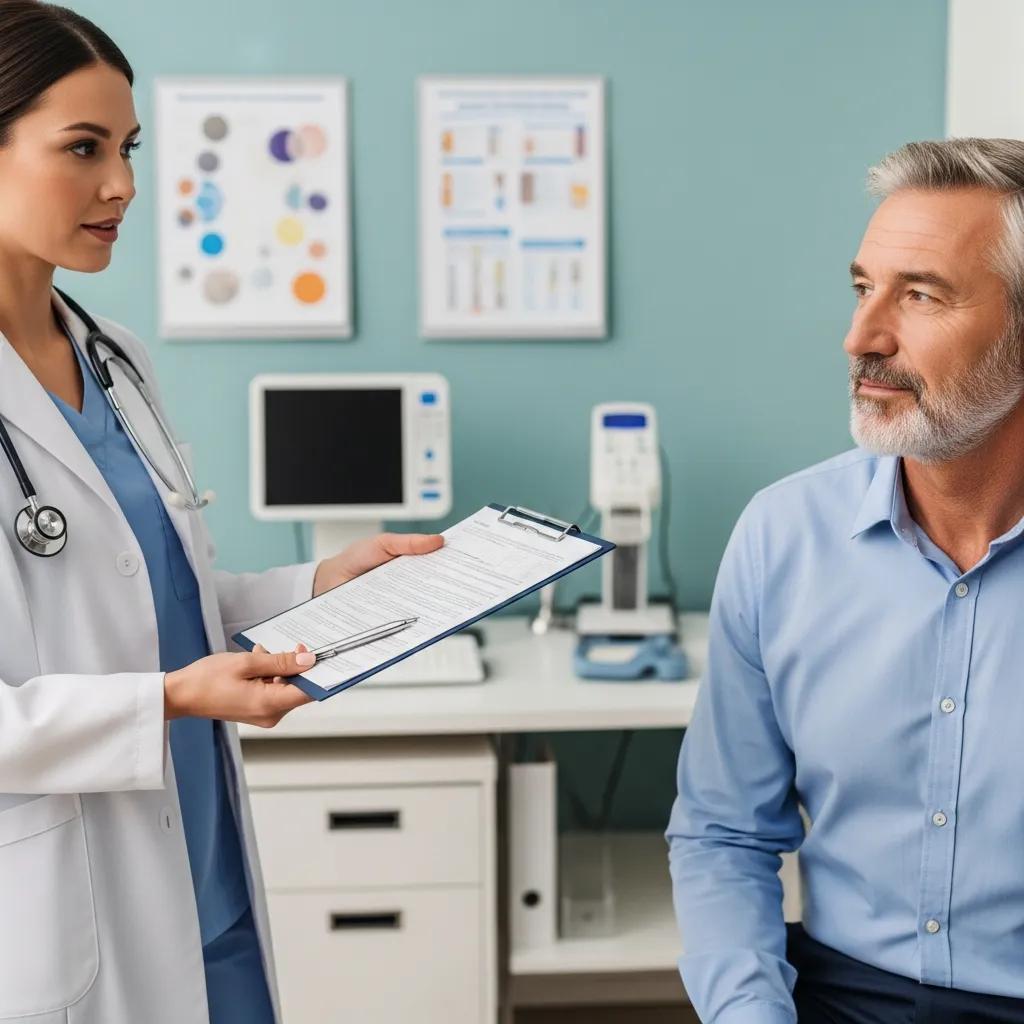 Clinician talking with a middle-aged man about recommended health screenings