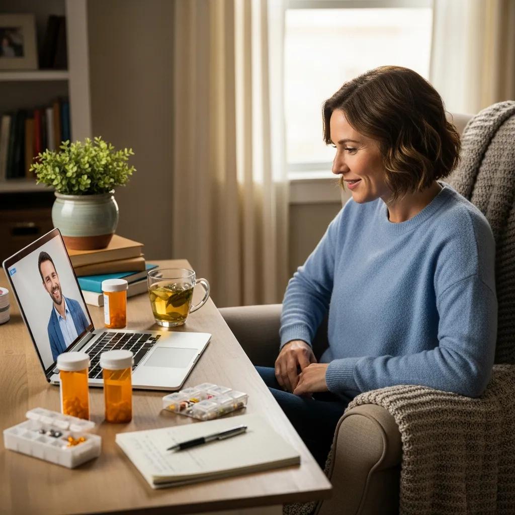 Patient consulting a pharmacist by video for a medication review and personalized advice