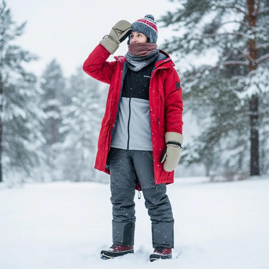 Someone wearing layered clothing to stay warm and prevent hypothermia