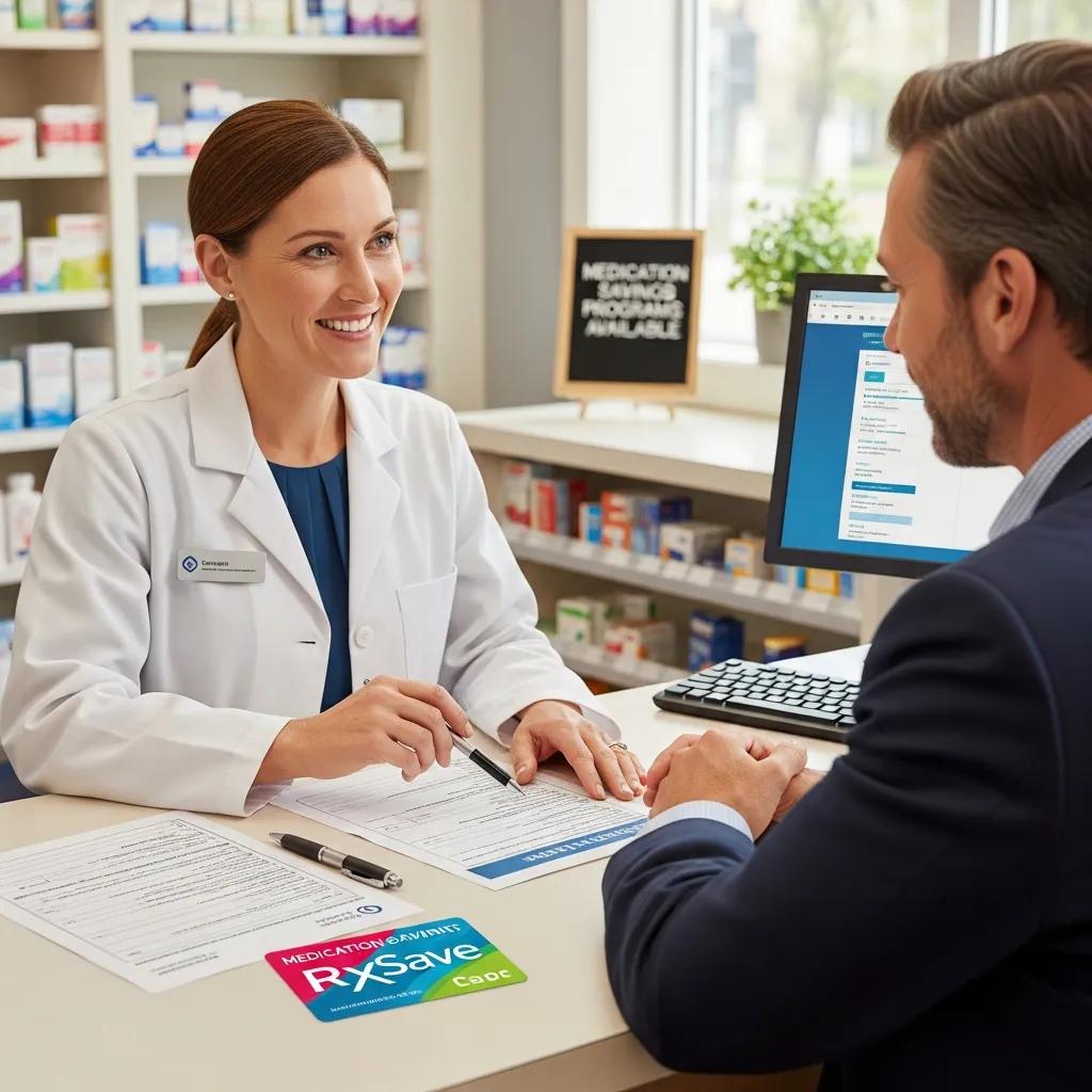Pharmacist helping a customer with enrollment paperwork for medication savings