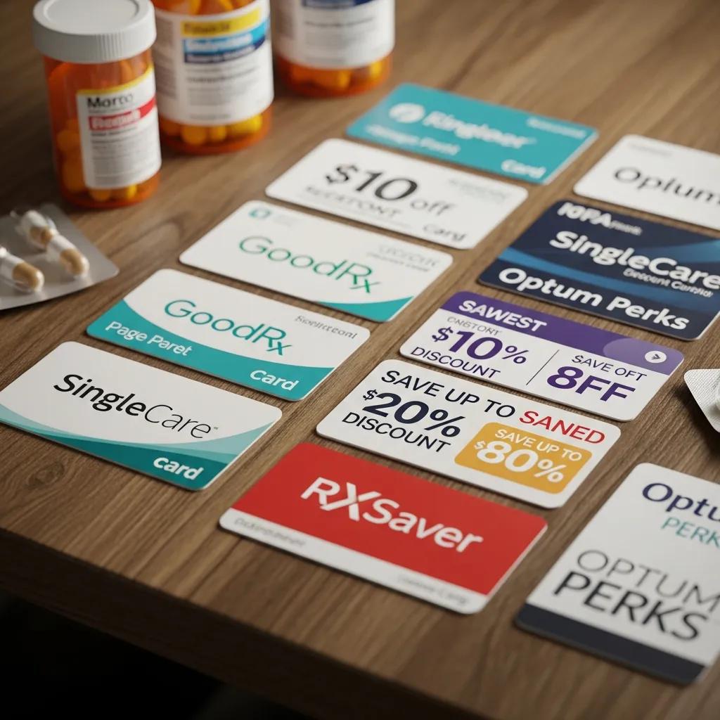 Various prescription discount cards and coupons for medication savings on a table