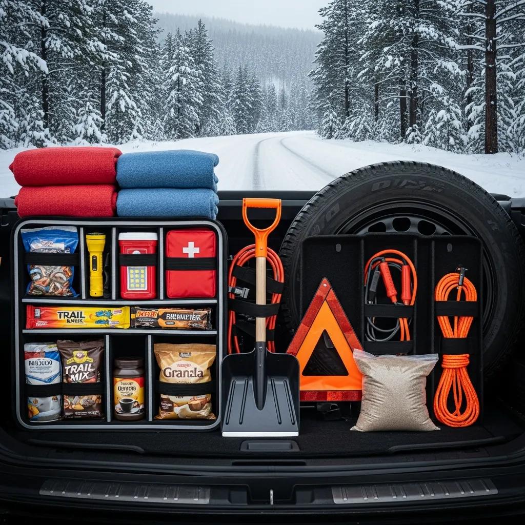 Contents of a winter emergency car kit neatly arranged in a trunk