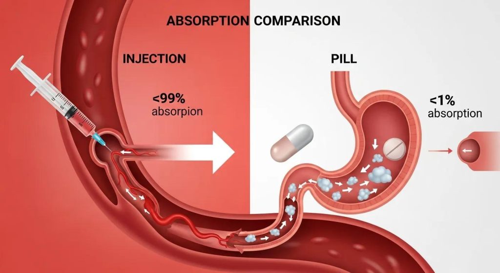 [IMAGE: Infographic comparing absorption — injection → near‑complete bloodstream uptake (~99%); pill → most lost in stomach (~1% absorption) with a small arrow to circulation.]