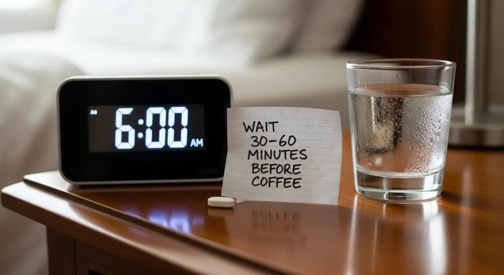 [IMAGE: Bedside scene — alarm at 6:00 AM, a single pill beside a small glass of water, and a note reminding “WAIT 30–60 MINUTES BEFORE COFFEE.”]